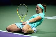SINGAPORE - OCTOBER 26:  Svetlana Kuznetsova of Russia celebrates victory in her singles match against Karolina Pliskova of Czech Republic during day 4 of the BNP Paribas WTA Finals Singapore at Singapore Sports Hub on October 26, 2016 in Singapore.  (Photo by Clive Brunskill/Getty Images)